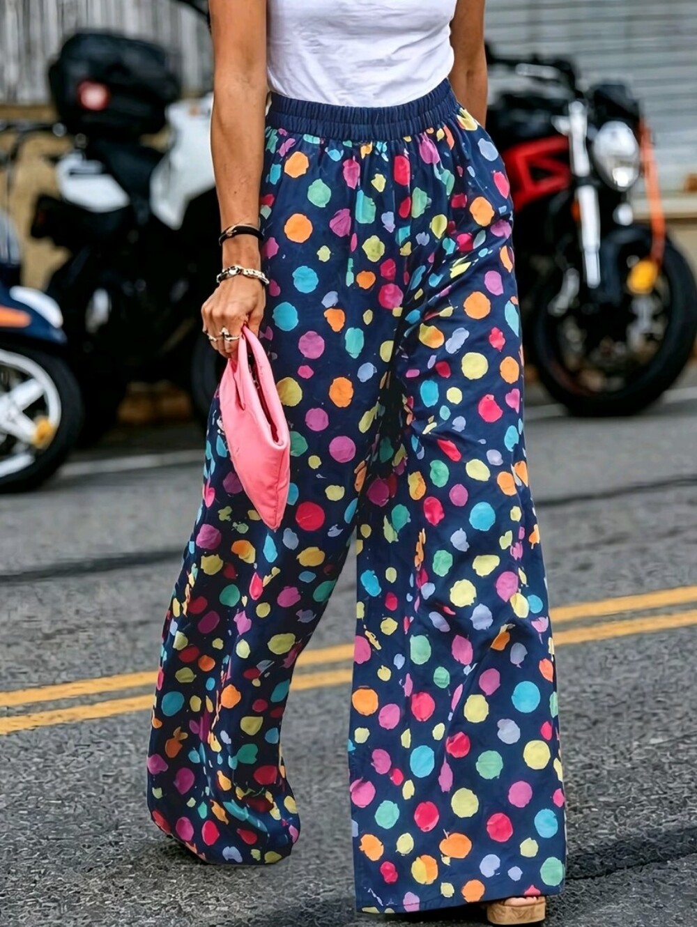 High-Waisted Wide-Leg Trousers - Colorblock Polka Dot Pants with Patch
